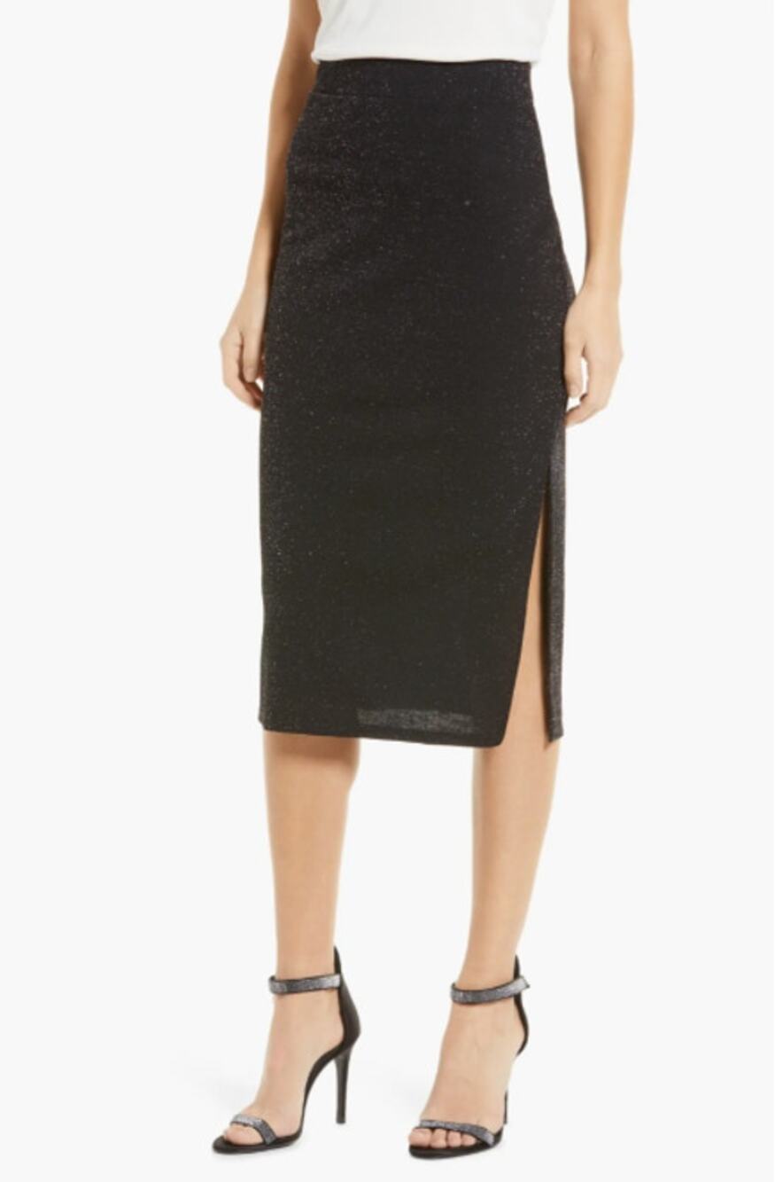 1.State Women's Sparkle Midi Skirt Small Rich Black Small Pull-On Side Slit NWOT